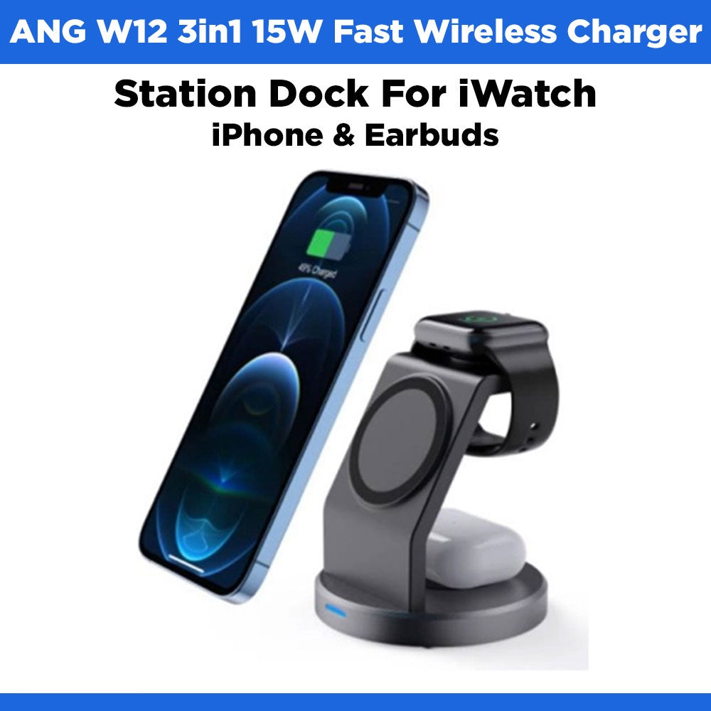 Megatech W12 3in1 15W Fast Wireless Charger Station Dock For iWatch iPhone & Earbuds