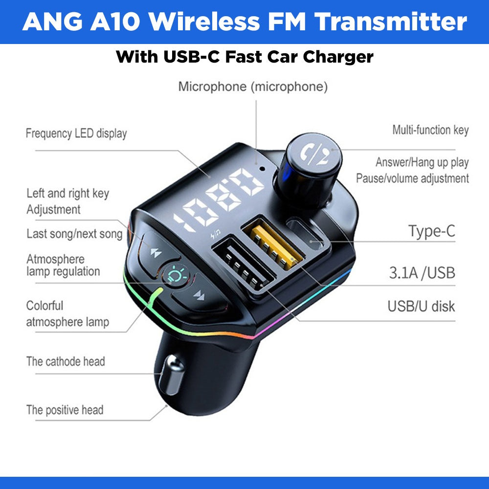 Megatech A10 Wireless FM Transmitter With USB-C Fast Car Charger