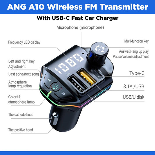 Megatech A10 Wireless FM Transmitter With USB-C Fast Car Charger